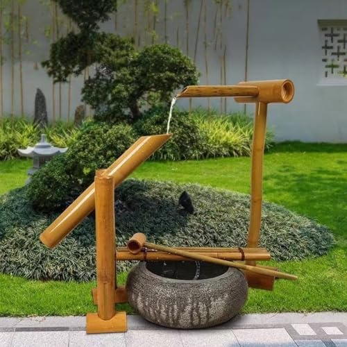 SYLUOQP Bamboo Fountain Decoration, Zen Garden Water Feature, 100% Handmade, Light Brown Bamboo, Japanese Garden Decoration