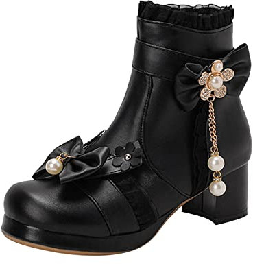 Dolci stivaletti da donna con fiocco + perle da donna plateau tacco a blocco stivali da donna invernali in pelle stivali corti da donna Lolita Cosplay stivaletti eleganti alla caviglia per feste, Nero