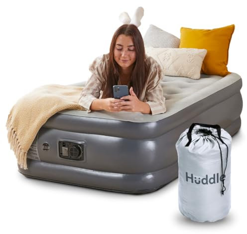 Huddle® Lite Inflatable Air Bed with Built-In Pump – Inflatable Mattress, Comfortable Flocked Top, Raised Height – Blow up bed for Camping, Guests, and Spare Rooms (Single/Double/King)
