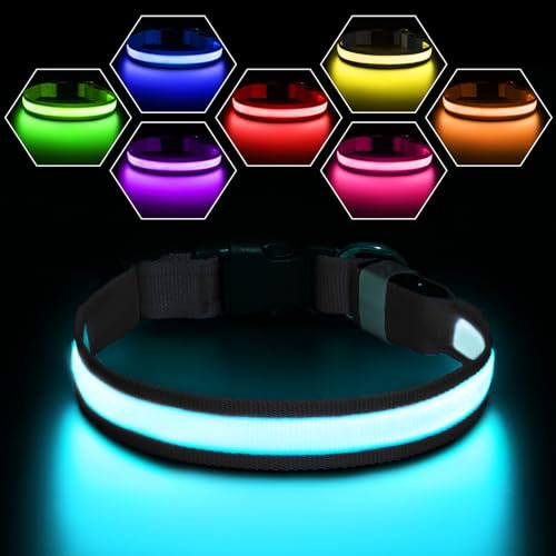 PcEoTllar Collier Lumineux Chien, Clignotant LED Chien Rechargeable 7 Couleurs avec 9 Modes D'éclairage, Fluorescent Collier Etanche pour Petits Moyens Grands Chiens, Noir-S