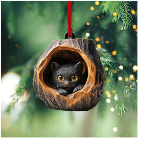 Wisafory Weihnachtsbaumschmuck Acryl Tier Dekor Weihnachtsbaum Anhänger mit Tiermuster 2D Acryl Weihnachtsdeko Eule Waschbär Ornament für Urlaub, Party, Weihnachtsdeko Schwarze Katze