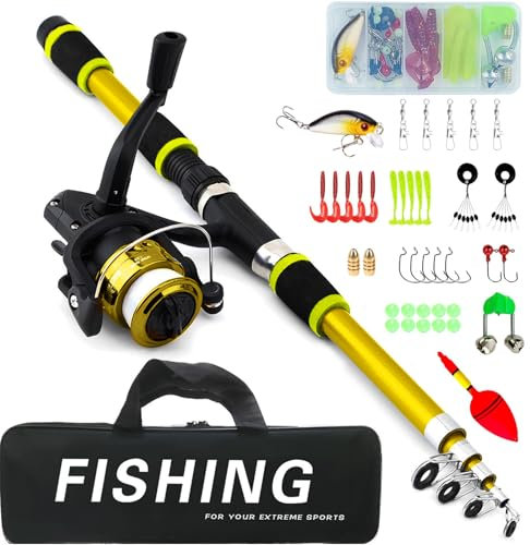 Kit de pêche pour enfants de 1,8 m - Avec moulinet et leurres - Canne à pêche télescopique en fibre de carbone et moulinet - Accessoires de pêche pour enfants de 3 à 10 ans - Jaune