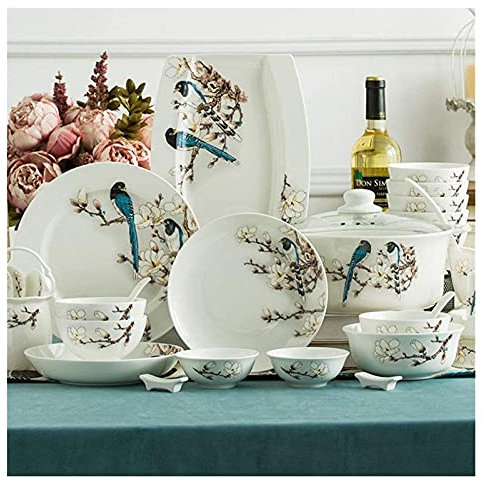 OOMRNV Set di stoviglie Set di Piatti, 60 Pezzi Europei, stoviglie in Ceramica Cinese, Ciotole in Porcellana Cinese, Piatti e Bacchette Set di Servizio per 8-10