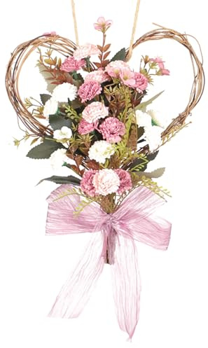 Türkranz Künstliche Nelken Herzform 30cm Frühlingsdeko für Haustür Türkranz Wandkranz Valentinstag Muttertag (Nelke Rosa)