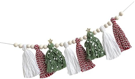 Wimpelkette aus Baumwolle mit Holzperlen für Weihnachtsbaum und Kaminsims, Wandbehang, Wimpelkette, Girlanden