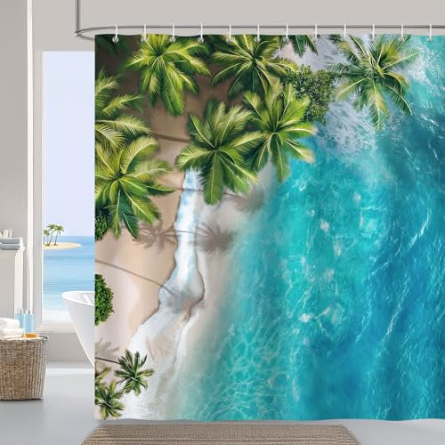 Bonhause Rideau de Douche Plage Mer Bleu Palmier Tropical Rideau de Bain Tissu Polyester Anti Moisissure Imperméable Lavable Rideaux Salle de Bain 180 x 180 cm avec 12 Crochets Baignoire