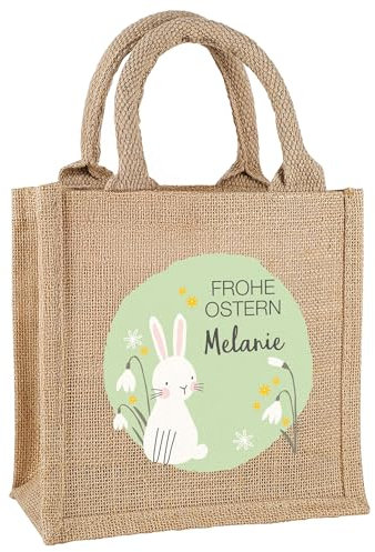 Herz & Heim® Personalisierte Jute Tasche Frohe Ostern – Osterkorb mit Wunschname – Niedliches Ostermotiv mit Hase – Nachhaltige Geschenkidee zu Ostern – Ostergeschenktasche für Kinder & Erwachsene