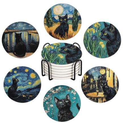 WWOOPLL Drink Coasters Set of 6, Van Gogh Art and Black Cat Absorbent Round Ceramic Stone Mat Coaster, with Cork Base and Metal Holder, Anti-Slip Cork Bottom for Mugs and Glasses