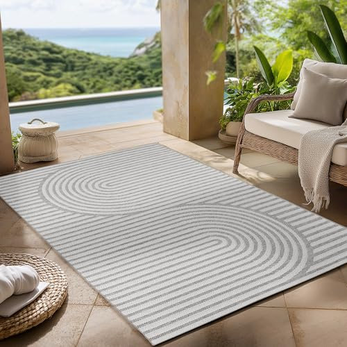 Carpettex Outdoor Teppich wetterfest Grau 280x370 cm, UV-beständig, ideal für Küche, Balkon, Terrasse, Garten auch Wohnzimmer und Esszimmer, Skandinavisches Boho-Design, Pflegeleicht