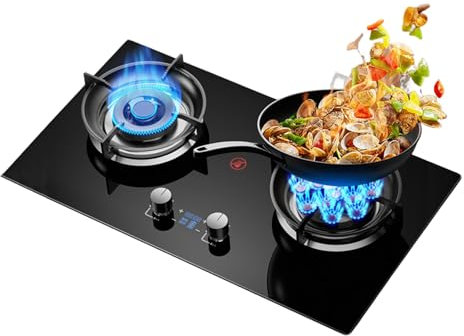 Cuisinière à gaz avec 2 brûleurs, brûleur wok à 13 cavités de 5,2 kW, avec protection anti-extinction et minuterie, kit GPL/gaz naturel(LPG)