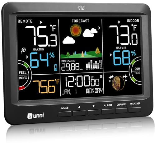 Weather Station Indoor Outdoor Thermometer Wireless, Home Atomic Clock with Large Constant Display, Inside Outside Temperature Humidity Monitor, Dew Heat Point, Barometer Black