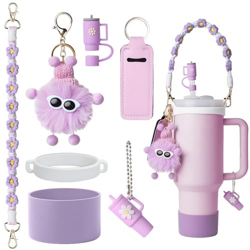 ZHAO GE 7 PCS Stanley Cup Accessori Viola, Stanley Accessori-Stivali in Silicone, Coperture per Paglia e Decorazione, Stanley Borraccia Accessori per Stanley Cup 800ml-1000ml