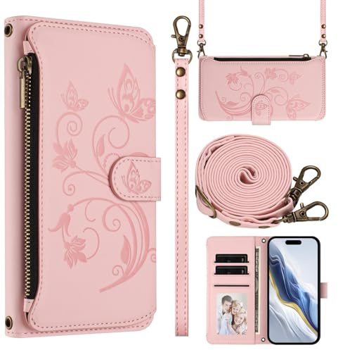 Ucikov Pochette en Cuir pour Xiaomi Redmi Note 14 5G,Étui Portefeuille avec Papillons et Fleurs Fermeture à Glissière Corde à Main Bandoulière Porte Cartes Sac Antichoc Clapet Coque,Rose