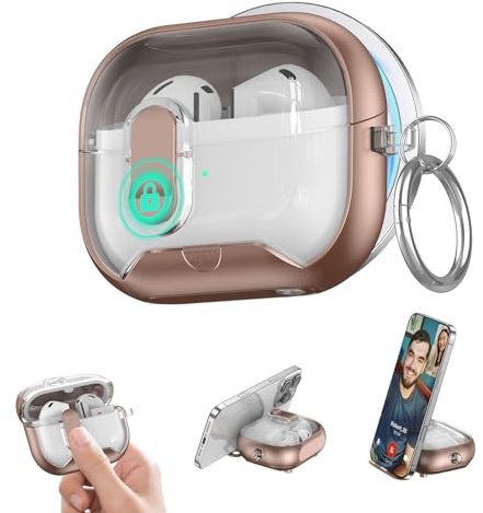 Miimall Case for Samsung Galaxy Buds 3 FE /3 Pro/Buds3 Case with Phone Stand Function [Secure Lock] [Carabiner] [Magnetic] [Wireless Charging] Earbuds Clear Protective Cover for Women Men-Desert Gold