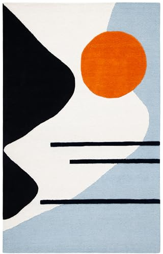 Safavieh Geometrisch Teppich für Wohnzimmer, Esszimmer, Schlafzimmer - Rodeo Drive Collection, Mittlerer Stapel, Elfenbein und Blau, 122 X 183 cm