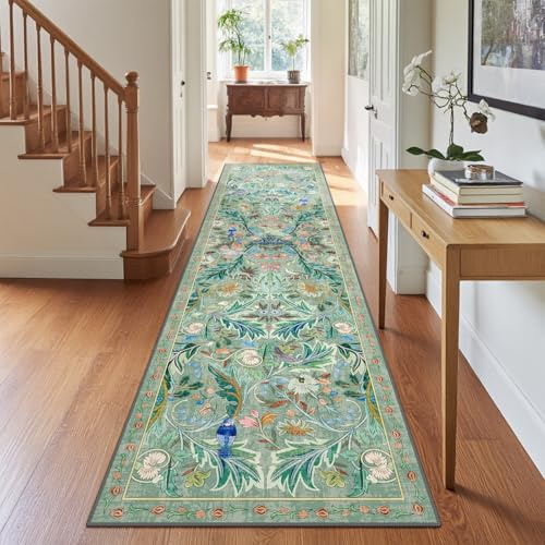 TUKDAK Vogel Teppich Läufer Flur 80x300cm, Grün Tier Küchenläufer Waschbar, Weicher Kurzflor Teppichläufer rutschfest, Vintage Waschbarer Küchenteppich Wohnzimmer Badezimmer Schlafzimmer