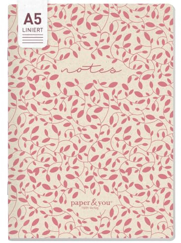 Häfft paper&you Notizheft A5 liniert Red Leaves | Softcover Notizbuch mit abgerundeten Ecken, 90 g/m²-Papier & 64 nummerierten Seiten - liniertes Journal ideal für unterwegs