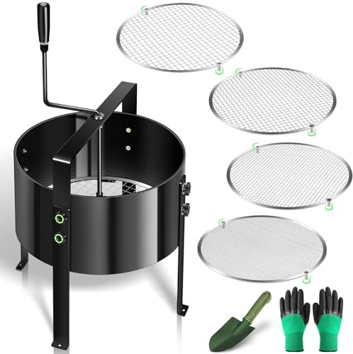 Setaccio rotante manuale migliorato per giardino, setaccio compost guanti e pale | filtro a rete da 13 pollici con 4 setacci intercambiabili (3/6/9/12 mm), setaccio orticolo, adatto per compostaggio del suolo