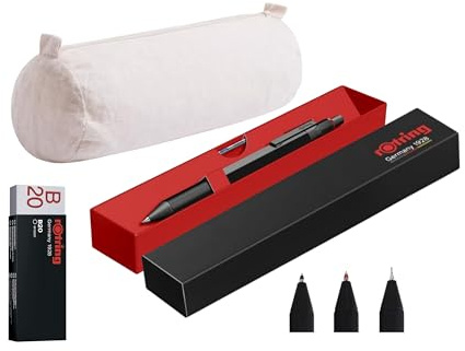 rOtring 600 3-in-1 Multicolor Pen und Druckbleistift | Schwarz & Rot Kugelschreiber Spitzen | 1 Druckbleistiftspitze (0,5 mm) | Schwarzer Schaft | + B20 Radiergummi & Baumwoll-Federmäppchen