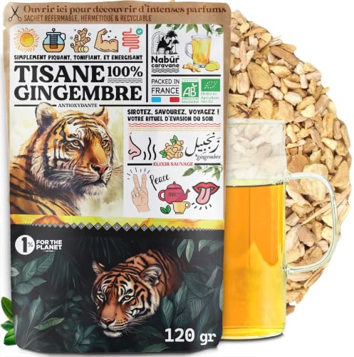 120gr Tisane Gingembre Bio en Morceaux en Vrac, Infusion Racine de Gingembre, Buvez la Force, Sans Cafféine NABÜR