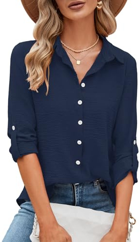 Odosalii Womens Blouses Rolled Up Long Sleeve V Neck Button Down Shirt | Elegant Work Office Business Casual Tunic Tops