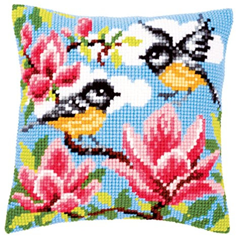 Vervaco Kreuzstich Stickpackungen Kissen Front zum Selbersticken mit Stickbild auf 100% Baumwoll Stoff und Stickgarn, Stickvorlagen 40 x 40 cm mit Anleitung, Vögel mit Blumen