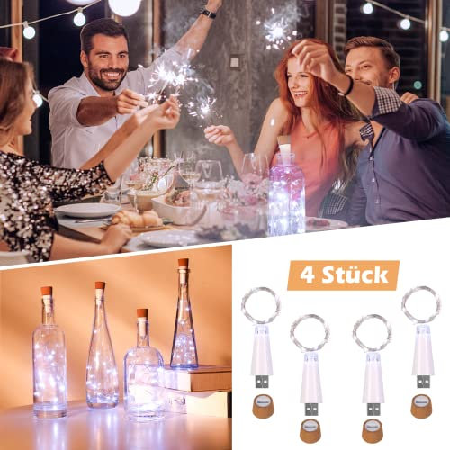 4PCS Corcho Micro Luces LED para Botella de Vino,Umiwe1.5M 15LED Recargable USB Corcho de Botella de Vino Tinto de Luz,Luz Blanca