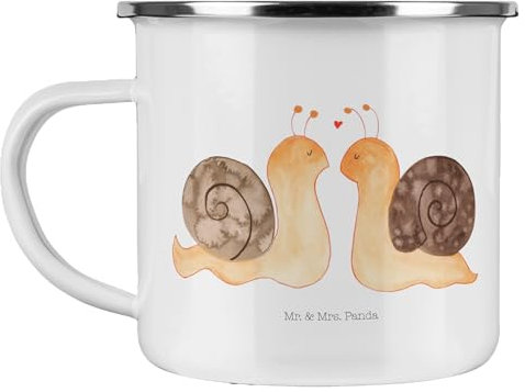 Mr. & Mrs. Panda Camping Emaille Tasse Schnecken Liebe - Geschenk, glücklich, Metall Tasse, Edelstahl Trinkbecher, Emailletasse, Emaille Tassen,