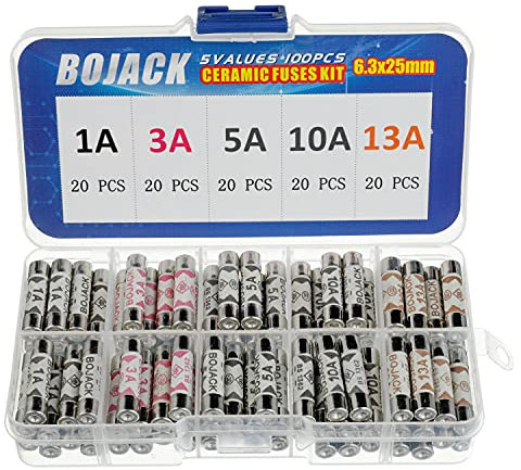 BOJACK 5 Values 100 pcs 1 3 5 10 13 A amp 240 V Volt Household Mains Plug Fuse 6.3x25 mm 0.25x1Inch BS1362 Ceramic Tube Cartridge Fuses Assortment Kit packag in a Clear Plastic Box