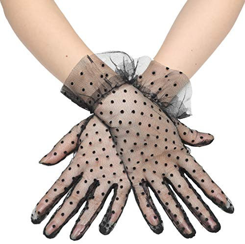 Coucoland Damen Polka Dot Handschuhe Lang Kurz Transparent Netzstoff Mesh Braut Hochzeit Opera Fest Party Fasching Kostüm Accessoires (Kurz - Schwarz Dot)