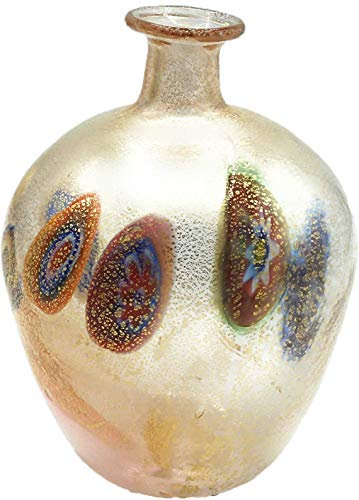 Botella de la colección de cristal de Murano Murrina con hoja de oro, fabricada en Italia (corazón rosa, diámetro de 7 cm y altura de 9 cm)
