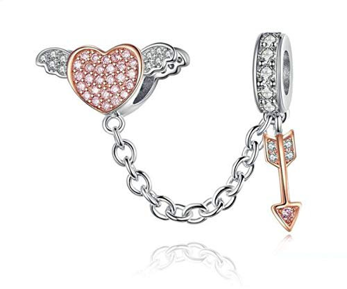 ZiNuo Charm Beads Love Heart Safety Chain 925 Sterling Silver Clip Lock Stopper Beads Safety Chain for Pandora Charm Bracelet DIY Jewelry (Arrow of Cupid Safety Chain)