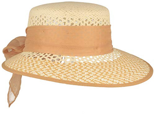 Breiter Damen Strohhut, Strand-Hut, Schute mit asymmetrischer Krempe & Schleife, 100% Papier, Weiß-Braun, S