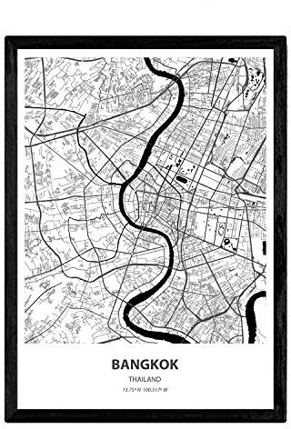 Nacnic Plakat mit Karte von Bangkok - Thailand. Asiatische Städte Blätter mit Meeren und Flüssen in schwarzer Farbe. A4-Format
