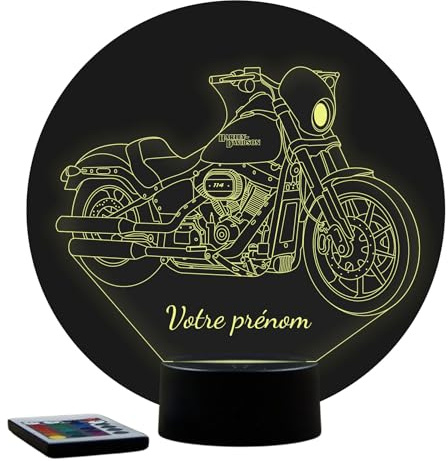 JNB-Maker FR Lampe 3D Moto Harley-Davidson Fat Bob – Avec personnalisation offerte – Télécommande 16 Couleurs + 4 Modes automatiques – Cadeau personnalisé/Décoration biker – Made in France