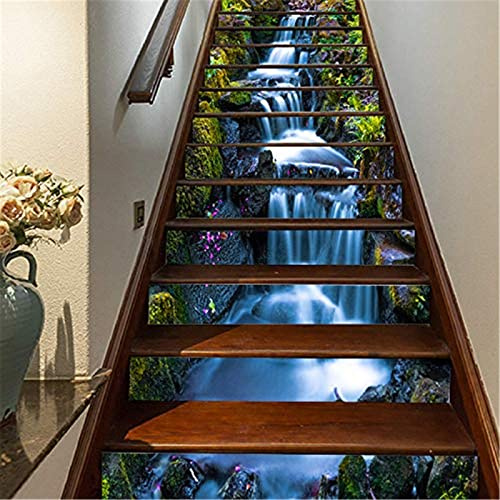 FLFK 13Pcs 3D Wasserfall Naturlandschaft selbstklebende Treppenaufkleber -Schälen und kleben Treppenaufkleber für Home Office Treppenstufen Dekoration 39.3 x 7.08