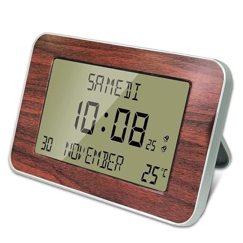 FISHTEC Horloge Réveil Numérique Murale Radiopilotée - Calendrier Date Jour et Heure - Grands Chiffres - 6 Langues - 2 Alarmes - Température Ambiante - Murale ou sur Pied