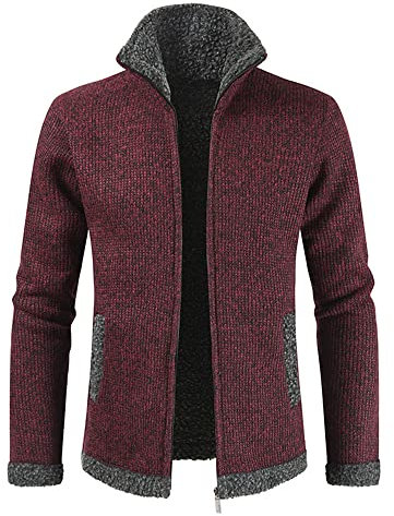 Sweater Herren Urban Mode Reißverschluss Strickjacke Stehkragen Herren Langarm Winter Plus Samt Verdickung Mit Taschen Herren Übergangsjacke Winddicht Warm Herren Jacke E-Red L