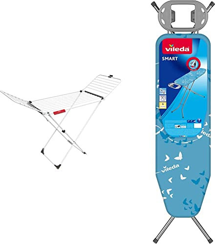 Vileda Extra X-Legs Clothes Airer, Indoor Clothes Drying Rack with 20m Washing Line, White & 168583 Smart Ironing Board, Blue, 114 cm long x 34 cm wide x 75-91 cm high
