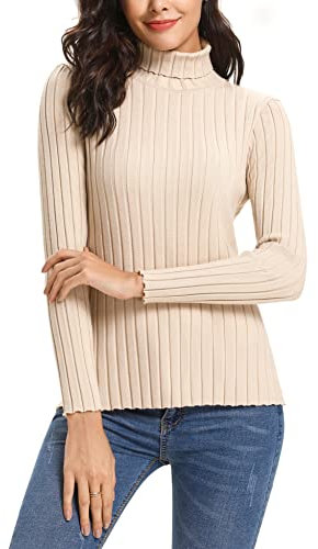 Gyabnw Knitted Jumpers for Women Long Sleeve Tops Elegant Cable Knit Turtleneck High Neck Sweater Party Top Winter Clothes Apricot