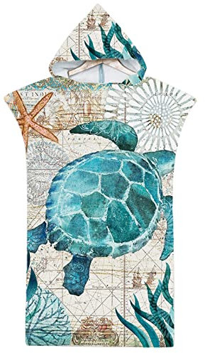 Rowjoy Strandtuch Poncho, Surf Poncho Damen und Herren, Ozean Tier Drucken Mikrofaser Strandtuch, Badeponcho Strandtuch mit Kapuze, Schnelltrocknender Poncho für Strand Schwimmen(H3-75X110cm)