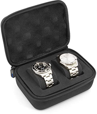CASEMATIX Uhrenreisetasche für Zwei Uhren mit Hartschale außen, Plüschschaumkissen und Tragegriff – schützende Uhrenbox für Reisen und Uhrengehäuse zur Aufbewahrung, nur Hülle, Schwarz, 6.5 x 5 x