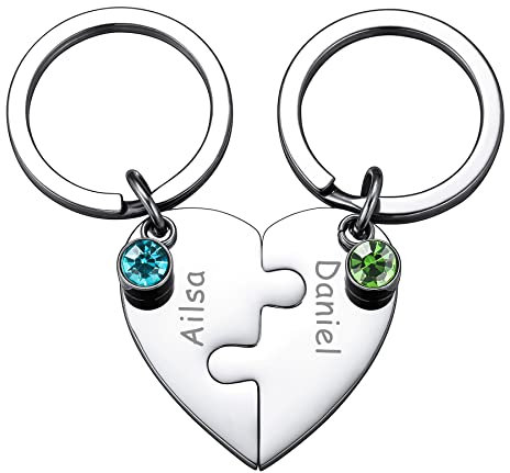 MeMeDIY 2 Stück Mutter Schwester personalisierte Herz Puzzle Keychain Customized für Freundin Liebhaber Edelstahl Schmuck Set Silber Birthstone