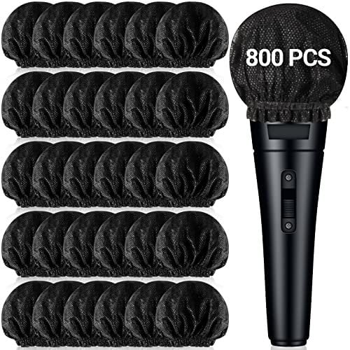 800 Pcs Disposable Microphone Cover Non Woven Handheld Microphone Windscreen with Elastic Band Individually Wrapped Mic Cover for KTV Recording Studio Karaoke Stage Performance (Black)