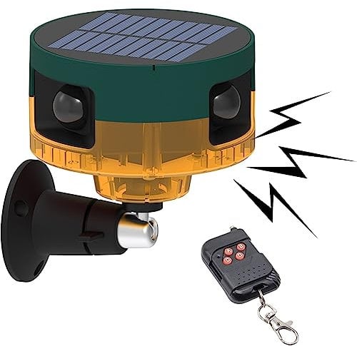 DINOWIN Bewegungssensor Alarm Solar 129dB 360° PIR Sensor Solar Alarmleuchte Bewegungsmelder Aussen mit Fernbedienung Wasserdicht alarmanlage für Haus tür Lager Privatplatz (Gelb)