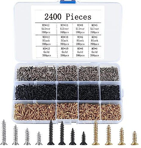 Piccole viti autofilettanti, 2400 pz Viti per legno piccole, Vite a croce, Viti per testa piana e testa svasata per fai-da-te elettronico e lavorazione del legno - Oro/Nero/Argento