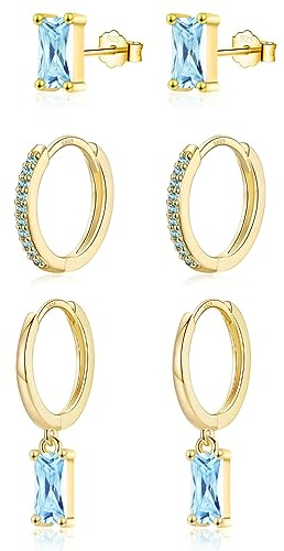 CERSLIMO Sterling Silver Earrings Set - Gold Huggie Hoop, Stud & Drop Dangle Earrings with White/Green Cubic Zirconia