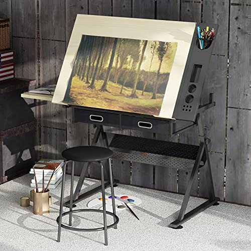 Holz-Zeichentisch und Hocker-Set, Künstler-Zeichentisch mit höhenverstellbarer und neigbarer großer Tischplatte, perfekt zum Schreiben, für Kunstwerke, im Künstleratelier, 96 x 60 x 68–91 cm beautiful