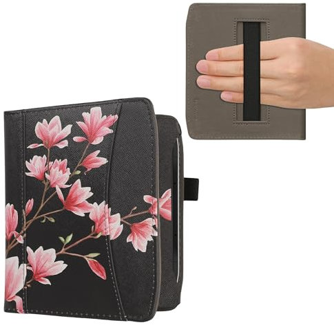 kwmobile Flip Hülle kompatibel mit Pocketbook Era/Era Color - Vorderfach Handschlaufe - Magnolien Rosa Weiß Schwarz