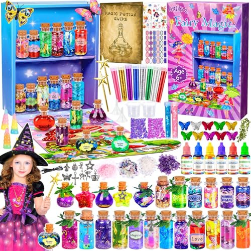 Frasheng Kits de Potions de Fées, Kit Potion Magique Enfant avec 24 Bouteilles Magiques,Cristaux d'énergie,Papillons,Pendentif,Potion Magique Cadeaux Créatifs Bricolage pour Filles de 6 à 12 Ans